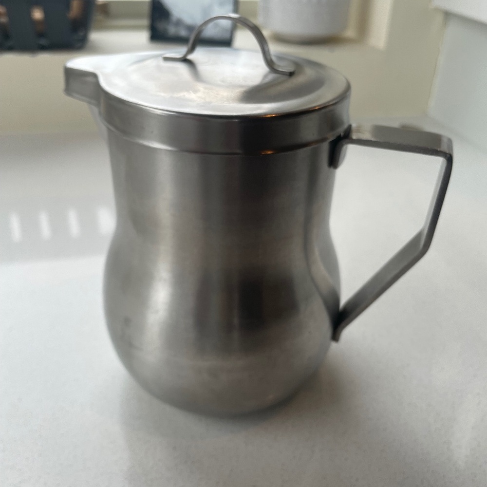 KITCHENALIA….Vintage MCM Stainless Steel Pitcher with Cover by Venecke